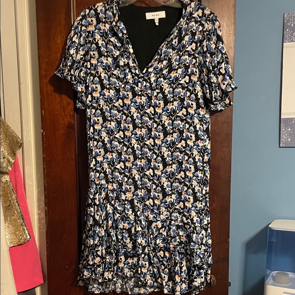 Reiss Blue, Black & Cream Floral V-Neck Ruffle Dress